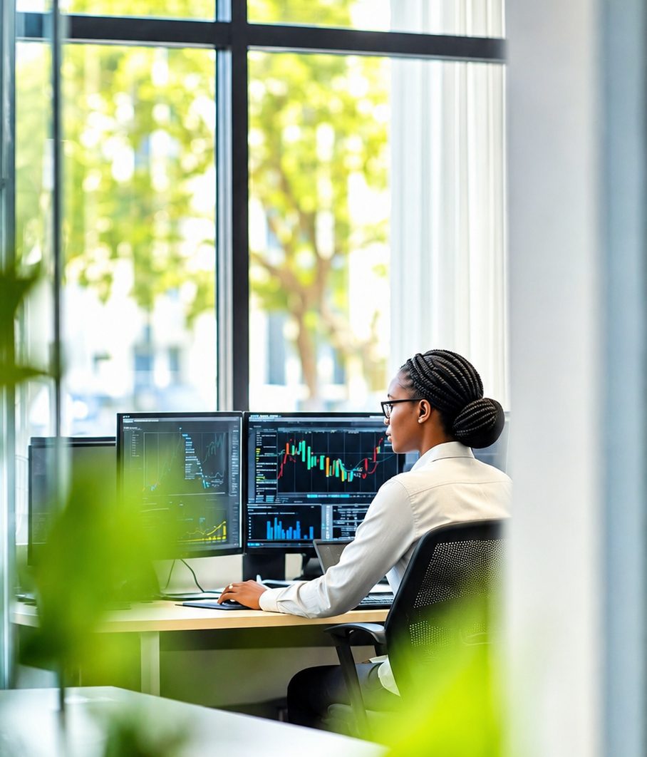 Analyst reviewing live market charts across multiple monitors